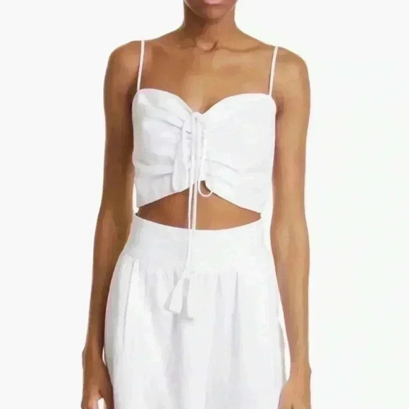 Cara Cara White Linen Crop Top M Maidstone Cami Strappy Tank Ruched Tie Sinched - Picture 8 of 15